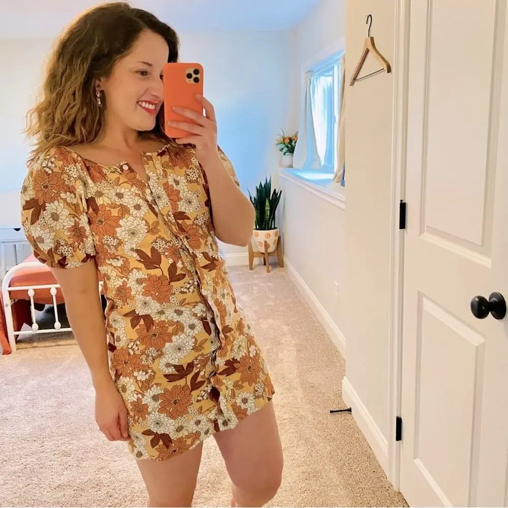 J. Crew Linen Cotton Floral Orange Brown Mini Dress 0